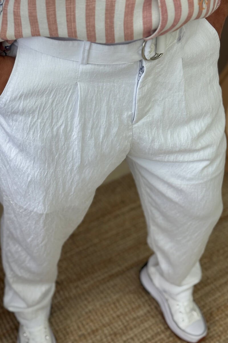 BELT DETAIL ONE COLOR MEN PANTS WHITE-E BARDHE - 6