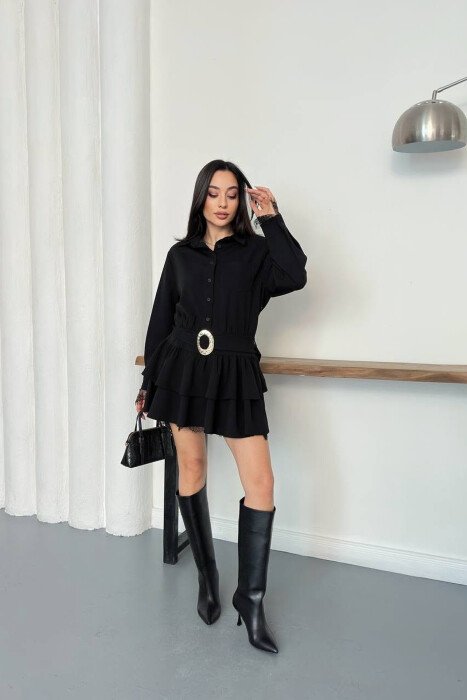 BELT DETAIL ONE COLOR WOMAN DRESS BLACK/ E ZEZE - KLAUDIO FASHION
