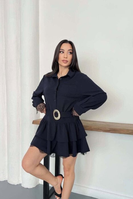 BELT DETAIL ONE COLOR WOMAN DRESS DARK BLUE/BEE - 3