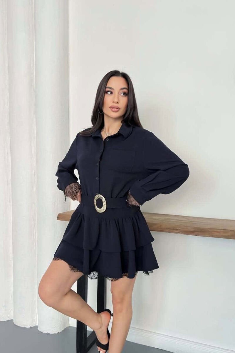 BELT DETAIL ONE COLOR WOMAN DRESS DARK BLUE/BEE - 3