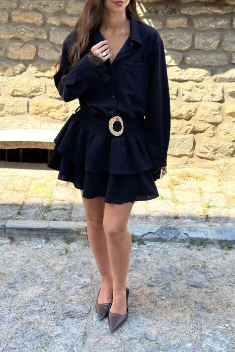 BELT DETAIL ONE COLOR WOMAN DRESS DARK BLUE/BEE - 4