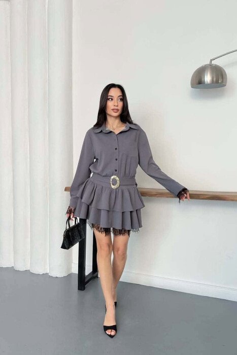 BELT DETAIL ONE COLOR WOMAN DRESS GREY/GRI - KLAUDIO FASHION
