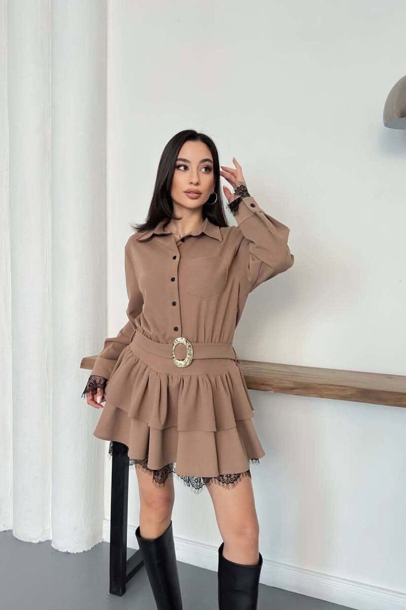 BELT DETAIL ONE COLOR WOMAN DRESS LIGHT BROWN/KAZB - 3