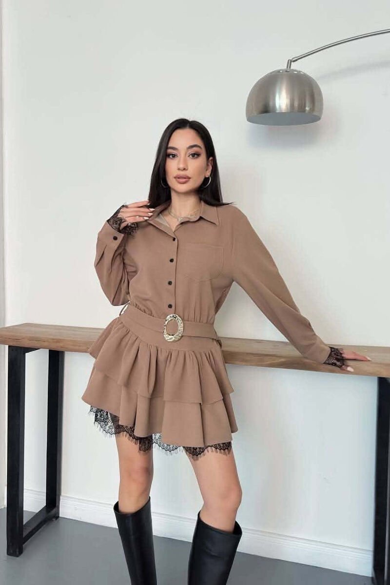BELT DETAIL ONE COLOR WOMAN DRESS LIGHT BROWN/KAZB - 4