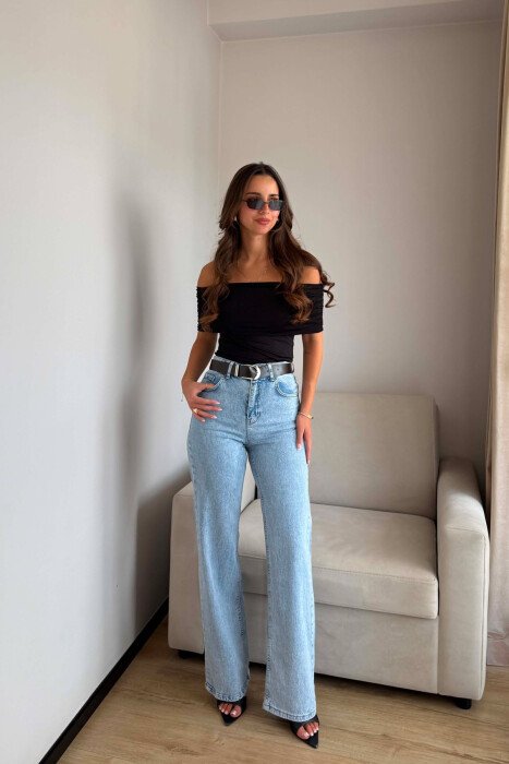 BELT DETAIL ONE COLOR WOMAN JEANS LIGHTBLUE/BZ - KLAUDIO FASHION
