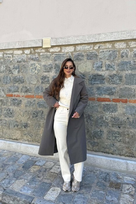 BELT DETAIL ONE COLOR WOMAN TRENCH COAT DARK GREY/GEE - KLAUDIO FASHION