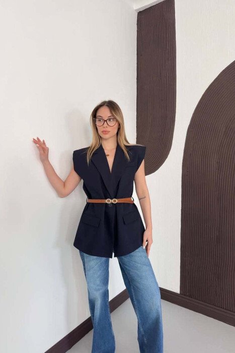BELT DETAIL ONE COLOR WOMAN VEST BLUE/BLU - KLAUDIO FASHION
