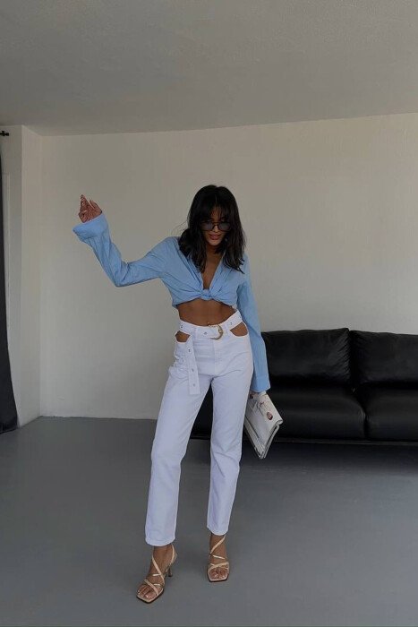 BELT DETAIL ONE COLOR WOMEN JEANS WHITE-E BARDHE - KLAUDIO FASHION