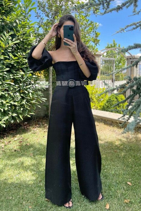 BELT DETAIL ONE COLOR WOMEN JUMPSUIT BLACK/ E ZEZE - 5