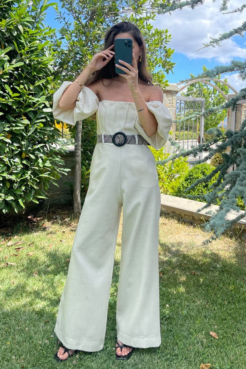 BELT DETAIL ONE COLOR WOMEN JUMPSUIT CREAM/KREM - 2