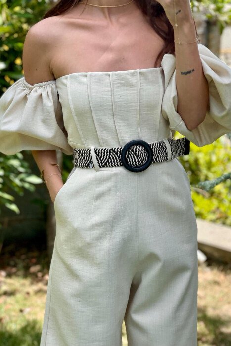 BELT DETAIL ONE COLOR WOMEN JUMPSUIT CREAM/KREM - 10