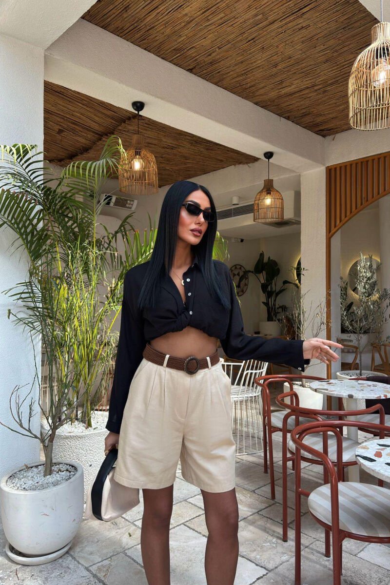BELT DETAIL ONE COLOR WOMEN SHORT SWEATPANTS LIGHT BEIGE/BZHZB - 1