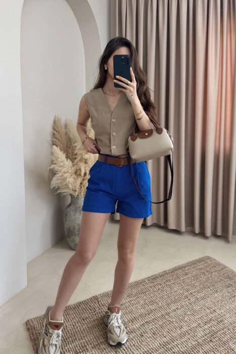 BELT DETAIL ONE COLOR WOMEN SHORTS BLUE/BLU 