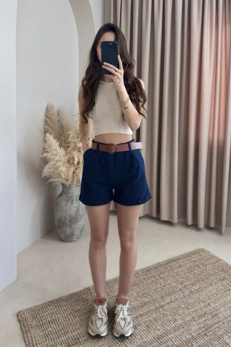 BELT DETAIL ONE COLOR WOMEN SHORTS DARK BLUE/BEE - 1
