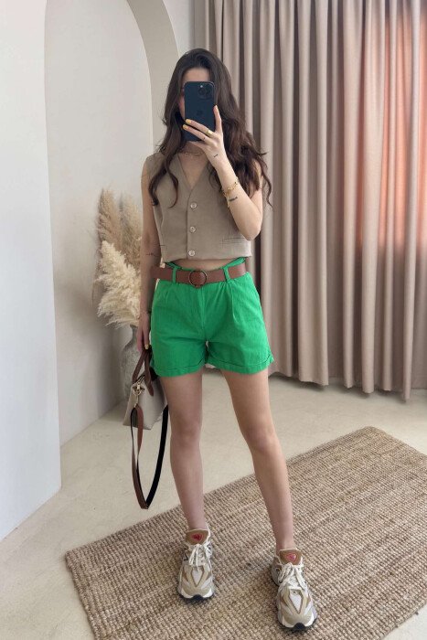BELT DETAIL ONE COLOR WOMEN SHORTS GREEN/JESHILE - 1