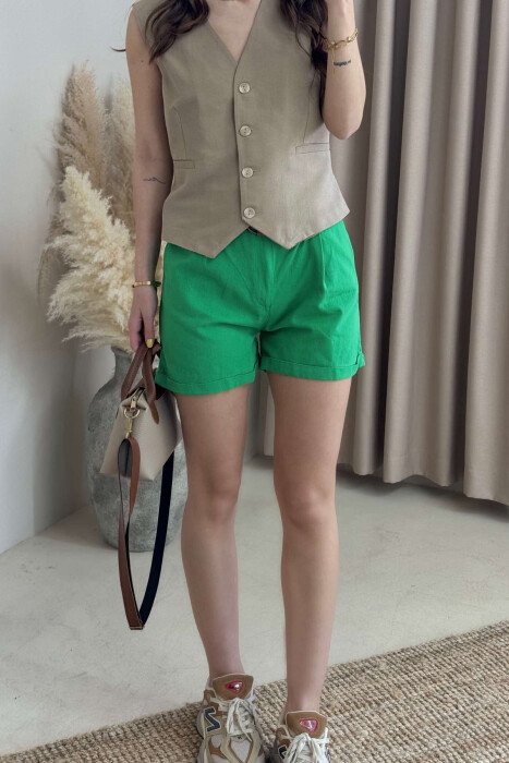BELT DETAIL ONE COLOR WOMEN SHORTS GREEN/JESHILE - 2