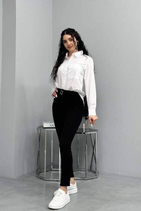 BELT DETAIL ONE COLOR WOMEN TROUSERS BLACK/ E ZEZE 