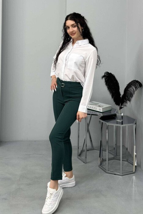 BELT DETAIL ONE COLOR WOMEN TROUSERS GREEN/JESHILE 