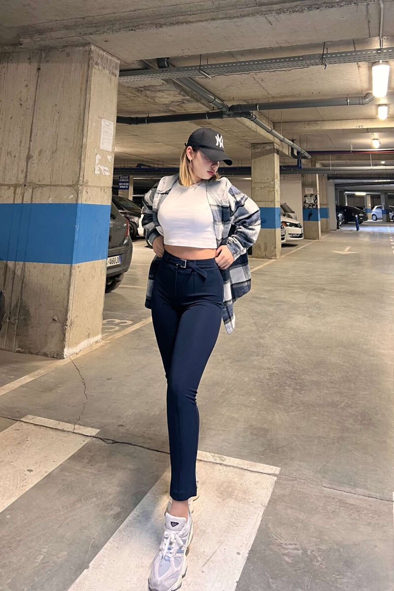 BELT DETAIL ONE COLOR WOMEN TROUSERS DARK BLUE/BEE - 1