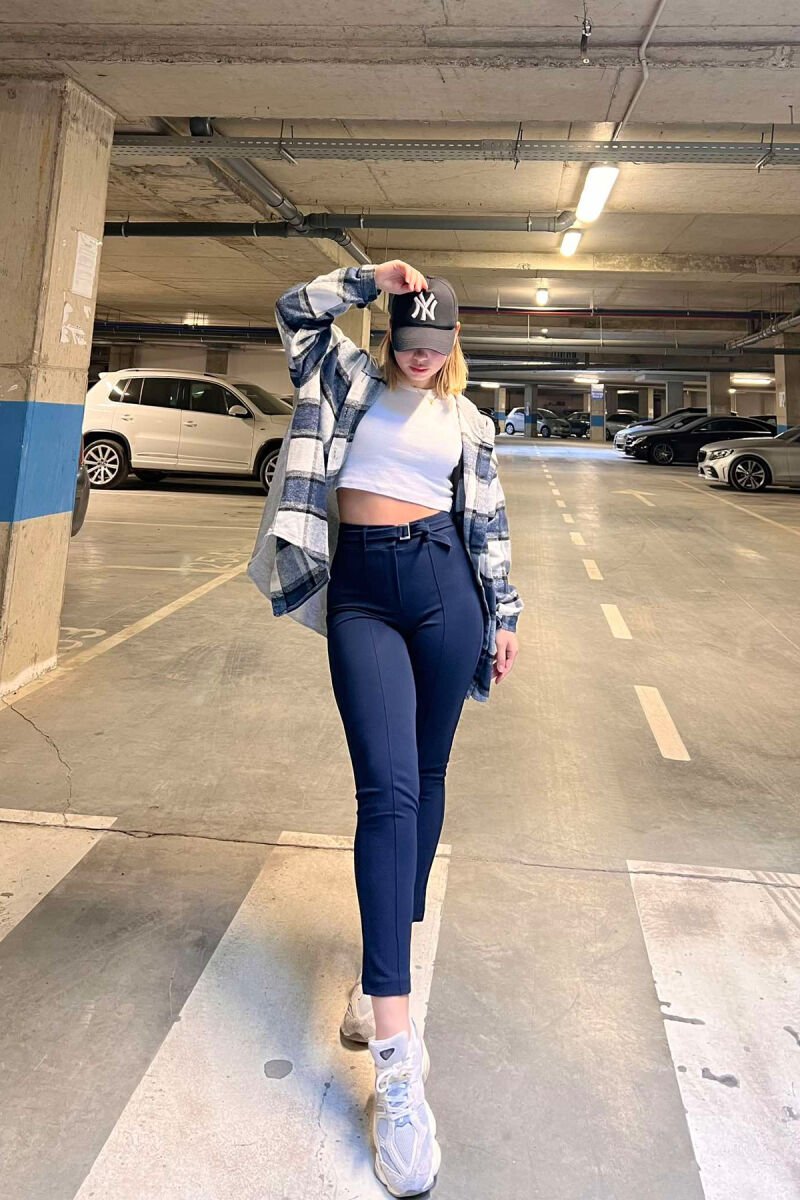 BELT DETAIL ONE COLOR WOMEN TROUSERS DARK BLUE/BEE - 6