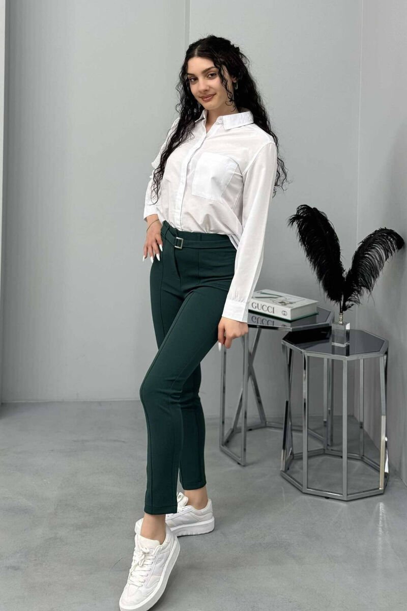 BELT DETAIL ONE COLOR WOMEN TROUSERS GREEN/JESHILE - 1