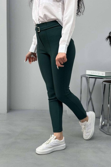 BELT DETAIL ONE COLOR WOMEN TROUSERS GREEN/JESHILE - 2