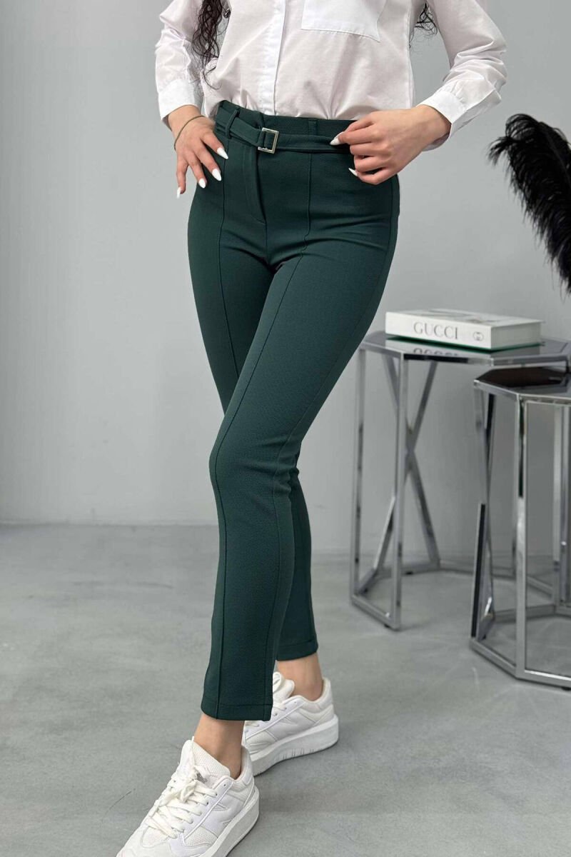 BELT DETAIL ONE COLOR WOMEN TROUSERS GREEN/JESHILE - 3