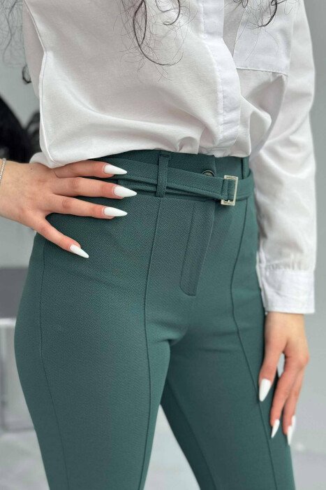 BELT DETAIL ONE COLOR WOMEN TROUSERS GREEN/JESHILE - 4