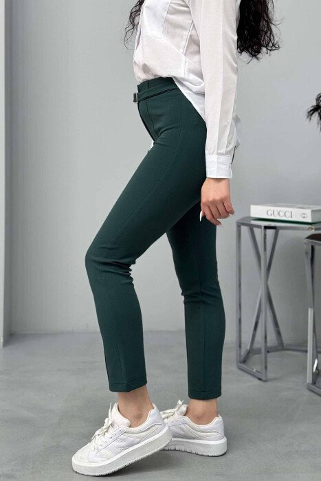 BELT DETAIL ONE COLOR WOMEN TROUSERS GREEN/JESHILE - 5