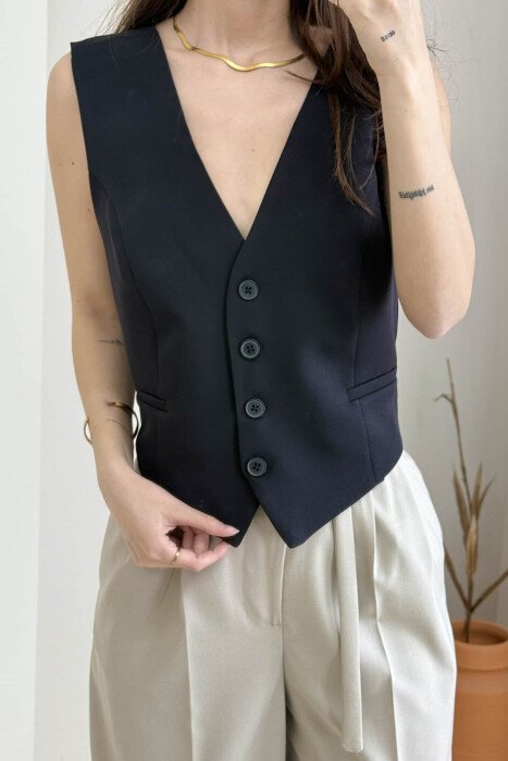 BELT DETAIL ONE COLOR WOMEN VEST BLACK/ E ZEZE - 3