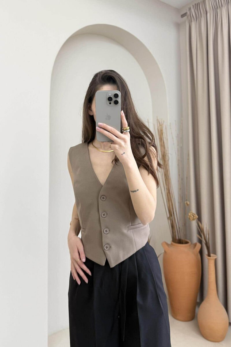 BELT DETAIL ONE COLOR WOMEN VEST LIGHT BROWN/KAZB - 3