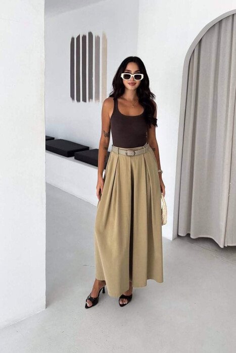 BELT DETAIL SEMI ELASTIC WIDE LEG WOMEN TROUSERS BEIGE/BEZHE - KLAUDIO FASHION