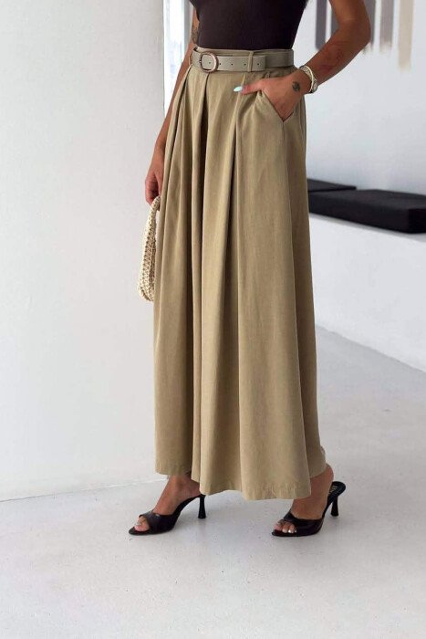 BELT DETAIL SEMI ELASTIC WIDE LEG WOMEN TROUSERS BEIGE/BEZHE - 2