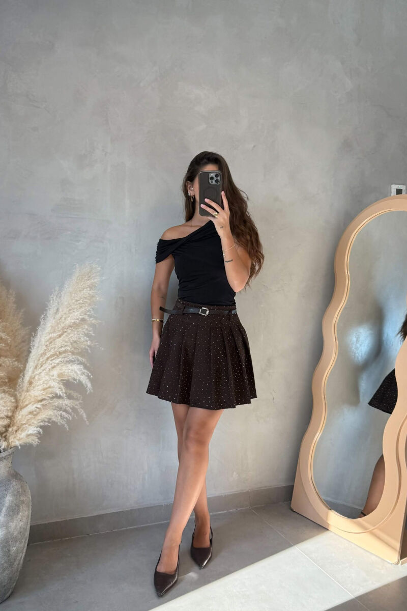 BELT DETAIL SHINY STONES WOMAN SKORTS BROWN/KAFE - 2