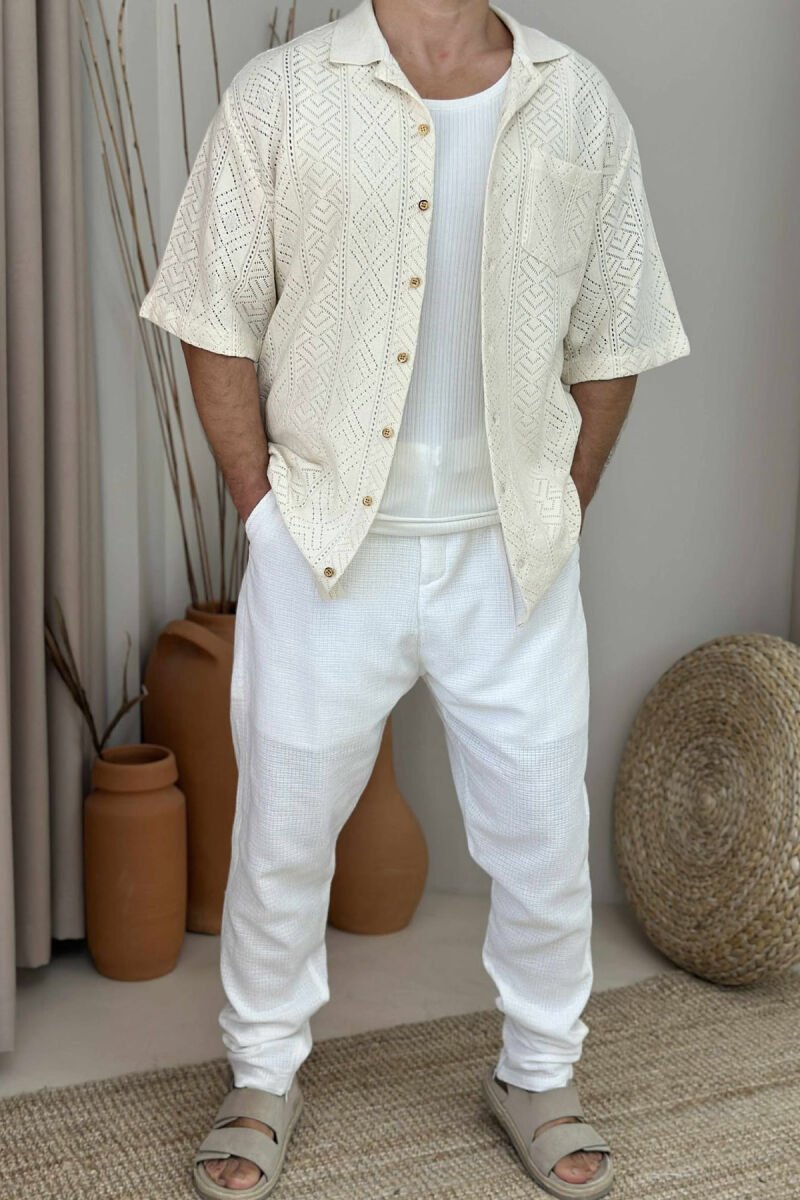 BELT DETAIL SIMPLE MEN PANTS WHITE-E BARDHE - 1