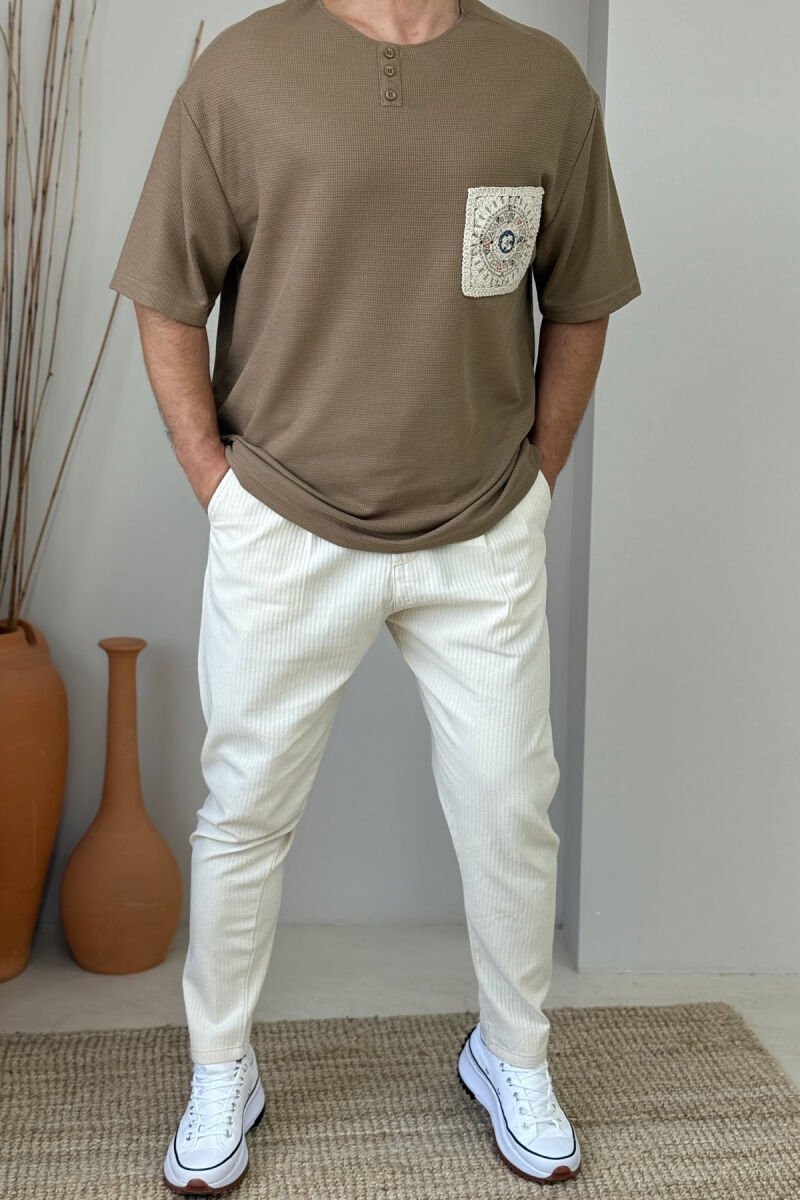 BELT DETAIL SIMPLE STRIPES MEN PANTS CREAM/KREM - 1