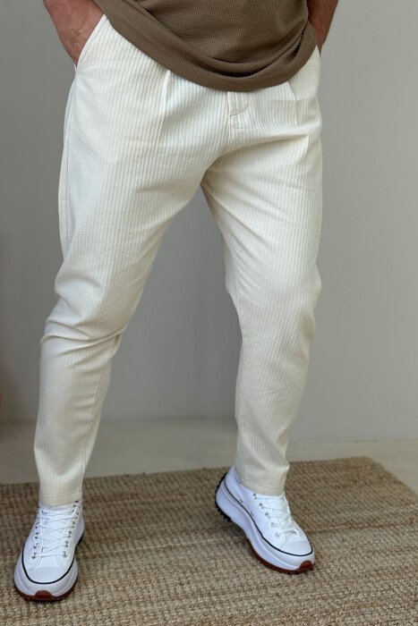BELT DETAIL SIMPLE STRIPES MEN PANTS CREAM/KREM - 3