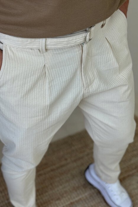 BELT DETAIL SIMPLE STRIPES MEN PANTS CREAM/KREM - 4