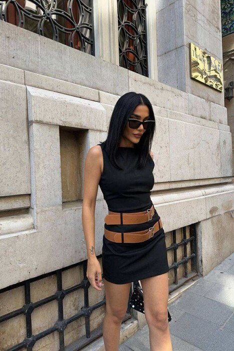 BELT DETAIL SLEEVELESS SHORT WOMEN DRESS BLACK/ E ZEZE - 4
