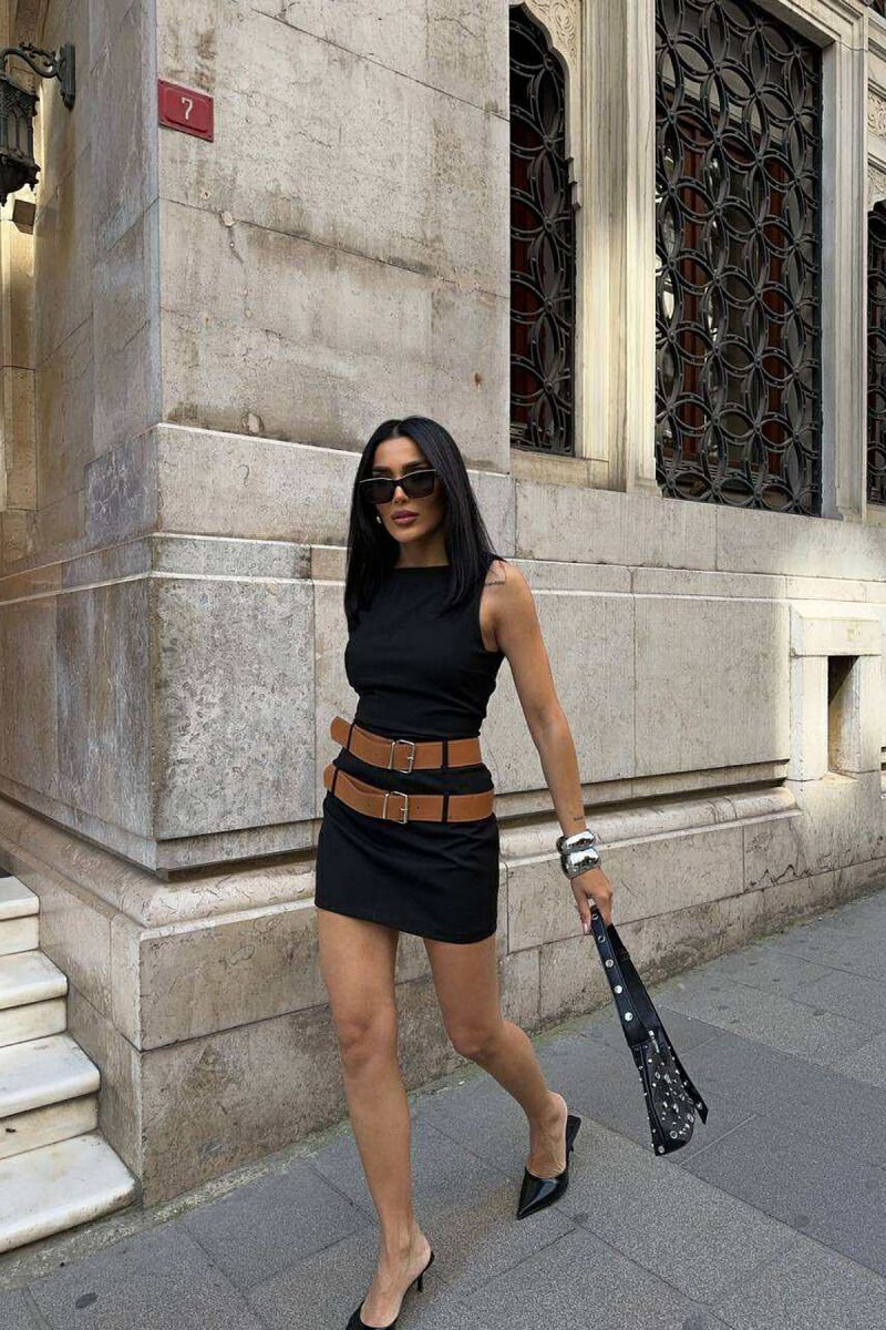 BELT DETAIL SLEEVELESS SHORT WOMEN DRESS BLACK/ E ZEZE - 5
