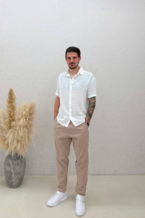 BELT DETAIL STRIPE DESIGN MEN PANTS BEIGE/BEZHE - 1