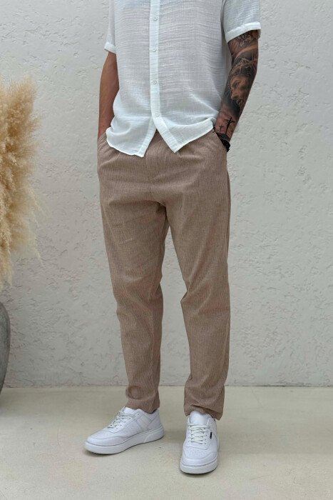 BELT DETAIL STRIPE DESIGN MEN PANTS BEIGE/BEZHE - 2