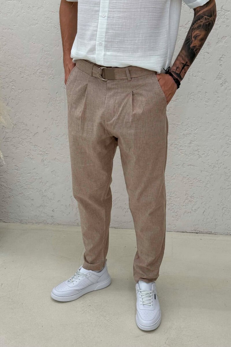 BELT DETAIL STRIPE DESIGN MEN PANTS BEIGE/BEZHE - 4