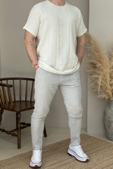 BELT DETAIL STRIPED MEN PANTS LIGHT GREY/GZ - KLAUDIO FASHION