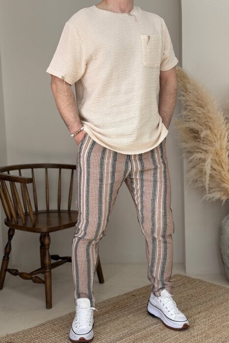PANTALLONA ME VIJA ME DETAJIN E RRIPIT PËR MESHKUJ NË NGJYRËN BEZHË+E ZEZË - KLAUDIO FASHION
