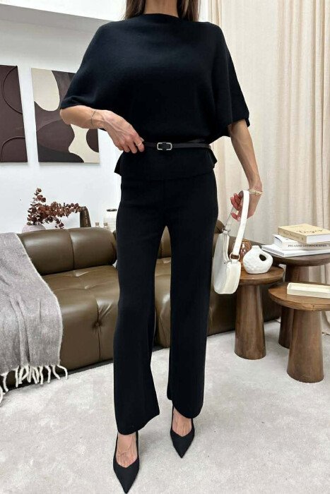 BELT DETAIL SWEATER +TROUSERS WOMAN SET BLACK/ E ZEZE - KLAUDIO FASHION
