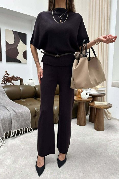 BELT DETAIL SWEATER +TROUSERS WOMAN SET BROWN/KAFE - KLAUDIO FASHION
