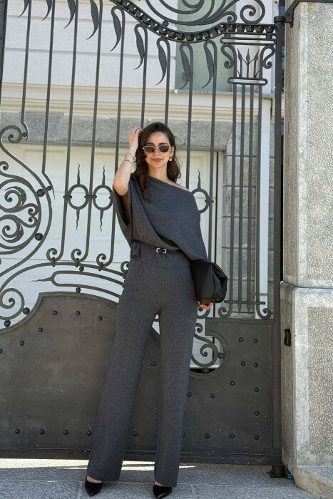 BELT DETAIL SWEATER +TROUSERS WOMAN SET GREY/GRI - KLAUDIO FASHION