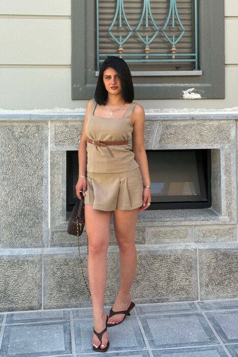 BELT DETAIL TANK TOP+SKORT WOMEN SET BEIGE/BEZHE - KLAUDIO FASHION