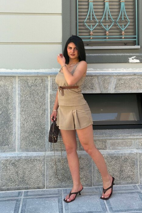 BELT DETAIL TANK TOP+SKORT WOMEN SET BEIGE/BEZHE - 2